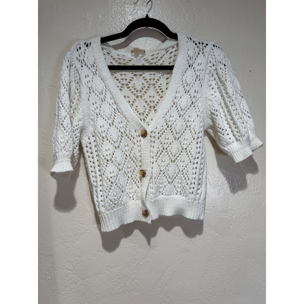 Hem & Thread White Pointelle Knit Short Sleeve Button Front Cardigan Sweater L